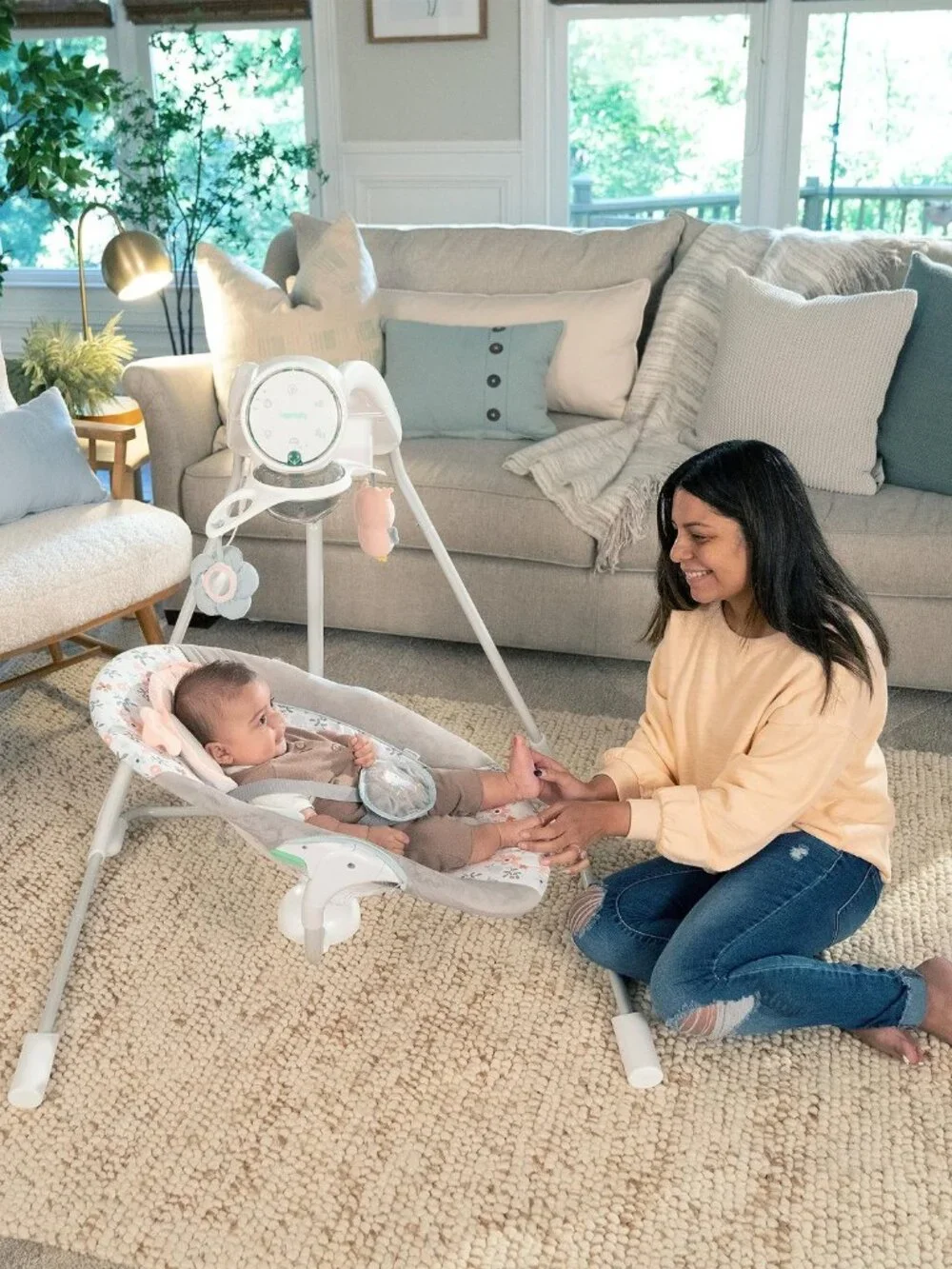 Baby Swing Gray Pink Rotating Seat 5 Speeds 20 Melodies